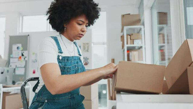 Black woman, shipping box and warehouse for packaging, delivery and e commerce start up company. Logistics business or package girl employee working at courier or parcel stock distribution store job