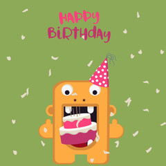 Happy Birthday Card  with a Monster eating Cake  in   Party  Hat