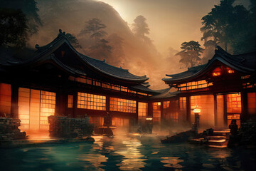 Fantasy Japanese landscape spa. Japanese hot springs, ancient architecture.  - obrazy, fototapety, plakaty