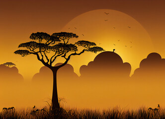 African savanna view with baobab tree, African vegetation, and sunset