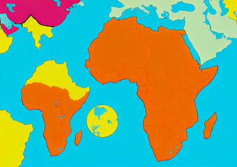 Stylized map of Africa placed in the world, with globe and continents