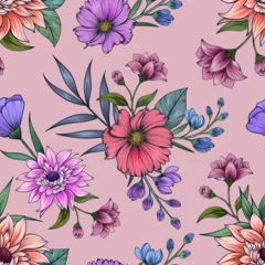 Fotobehang Hand drawn elegant colorful seamless pattern with botanical floral design illustration © floralpro
