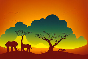 African savannah with elephants and baobab trees, mixed fauna and flora, almost abstract and dreamlike