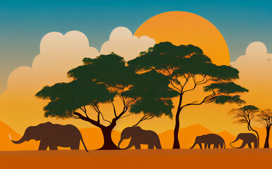 African savannah with elephants, baobabs and orange sunset