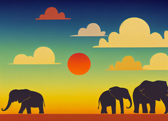 Fototapeta na wymiar African savannah with frieze of African elephants, baobabs and orange sunset