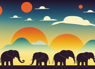 Fototapeta premium African savannah with frieze of African elephants, baobabs and orange sunset