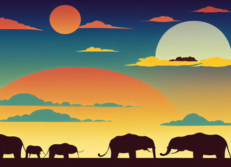 Fototapeta premium African savannah with African elephants, baobabs and orange sunset