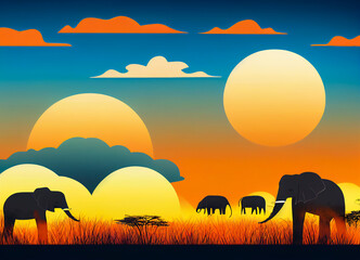African wild savannah with African elephants and orange sunset
