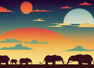 Wild African landscape with African elephants, fauna and flora, and orange sunset