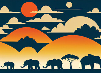 African wild landscape with African elephant silhouettes, wildlife, and orange sunset