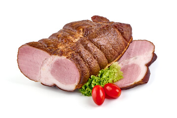 Smoked pork meat with slices, isolated on white background.
