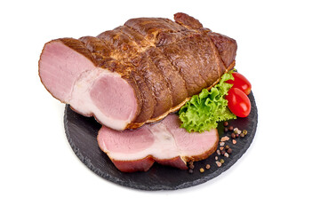 Cold smoked pork ham, isolated on white background.