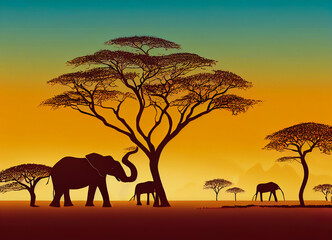 Naklejka na ściany i meble Wild elephants in an African game reserve, fauna and flora, for safari in the savanna