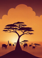 African savannah with various animals of protected wildlife reserve