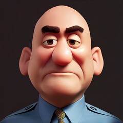 Middle age bald police officer portrait. Animated movie character design isolated. Animation 3d digital art style, realistic light render. 3D illustration.