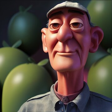 Oldish Gardener And Farmer Portrait. Animated Movie Character Design Isolated. Animation 3d Digital Art Style, Realistic Light Render. 3D Illustration.