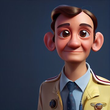 Experienced middle age airplane pilot portrait. Animated movie character design isolated. Animation 3d digital art style, realistic light render. 3D illustration.