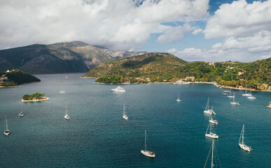 Aerial view to the bay of Vathi, Ithaca, Ionian Sea
