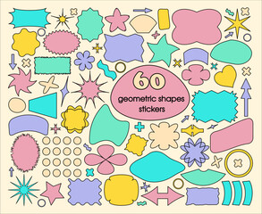 A set of geometric shapes highlighted on a beige background. A collection of retro graphic elements in the style of pop art. Isolated vector elements, Memphis colored stickers.