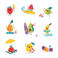Summer Fruit Characters Enjoying Beach Vacation Having Fun Vector Set