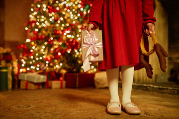 Low section shot of cute little girl holding present on Christmas eve, copy space