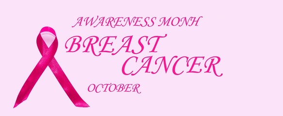 On a pink background, the emblem is a satin pink ribbon.  Breast cancer notice poster.  The concept of healthcare and medicine.  Close-up.