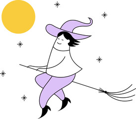 Halloween and mysticism. A cute cartoon witch is sitting on a broom and flying against the background of the night sky. Flat line vector on white background.