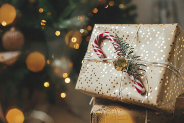 Merry Christmas! Stylish christmas gifts at christmas tree with golden lights bokeh. Wrapped christmas presents with candy cane under decorated tree in room. Atmospheric eve. Holiday banner