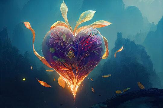 Heart silhouette with magic flowers. Fantasy heart. 