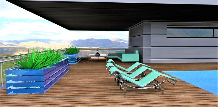 Recreation area on the roof of a country villa. Jade-colored sun loungers by the pool. Vases with rare plants. Wooden flooring. Comfortable furniture. Wonderful view. 3d rendering..