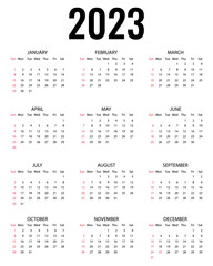 Calendar for year 2023. The week starts on Sunday. Annual calendar 2023 template. Red and black color.