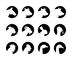 Set of farm animal head silhouettes. Pig, Horse, Turkey, Goat, Sheep, Chicken, Rooster, Duck, Rabbit, Goose, Cow head silhouettes. Farm animal icons