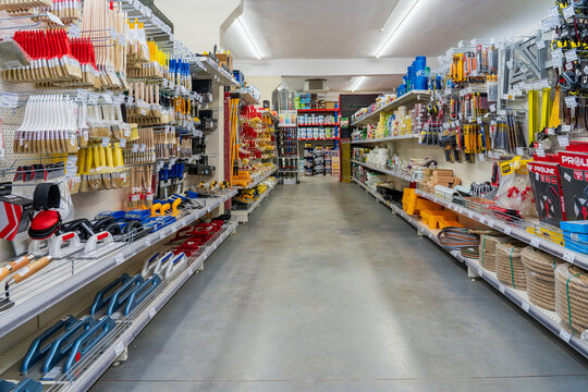 Wide range in the tools department. Goods in a building materials store. June 24, 2022 Balti Moldova.