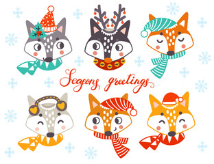 Set of christmas foxes characters vector illustration