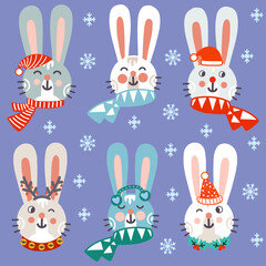 Set of christmas rabbits characters vector illustration