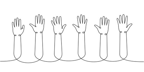 Hands raised up one line continuous drawing. Voting, volunteering continuous one line illustration. Vector minimalist linear illustration.