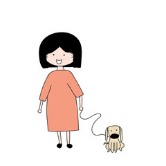 a woman in an orange dress with a dog.