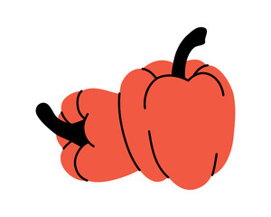 Red bell peppers. Vegetarian healthy food. Farm products. Whole and half peppers. Vector illustration