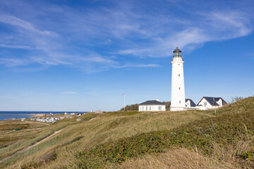 Fototapeta na wymiar Hirtshals lighthouse is a lighthouse at Hirtshals. It was built in 1863 in a late classicist style with N.S. Nebelong as architect and C.F. Rough as an engineer.Denmark,Scandinavia,Europe