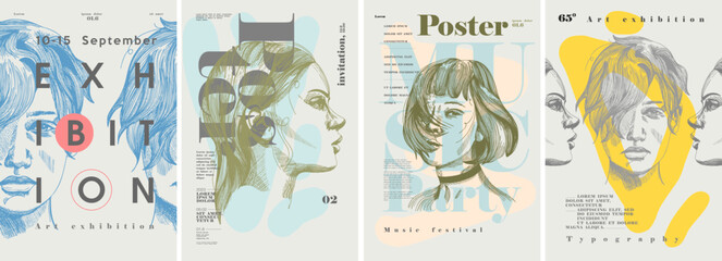 Poster for the event. A man's face in a painted style. Set of vector illustrations. Engraving, pencil style. Modern typography. Background with abstract elements. Cover art, banner, t-shirt print.