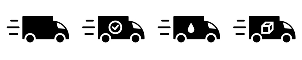 Conjunto de icono de camión de entrega y transporte. Camión de reparto. Entrega gratuita. Ilustración vectorial