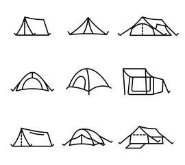 Conjunto de icono de tienda de acampar. Ilustración vectorial - obrazy, fototapety, plakaty