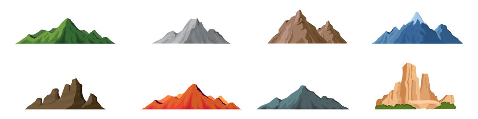 Conjunto de montañas. Roca, montaña, colina, llanura. Concepto de relieve de cordillera y naturaleza. Ilustración vectorial - obrazy, fototapety, plakaty