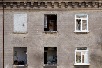 destroyed and burned houses in the city during the war in Ukraine