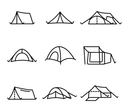 Conjunto de icono de tienda de acampar. Ilustración vectorial