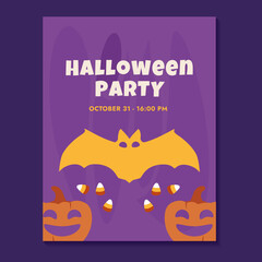 Cute bat, pumpkins and candy corn. Flyer invitation to a Halloween party on a purple background. Doodle items celebration. Vector illustration.