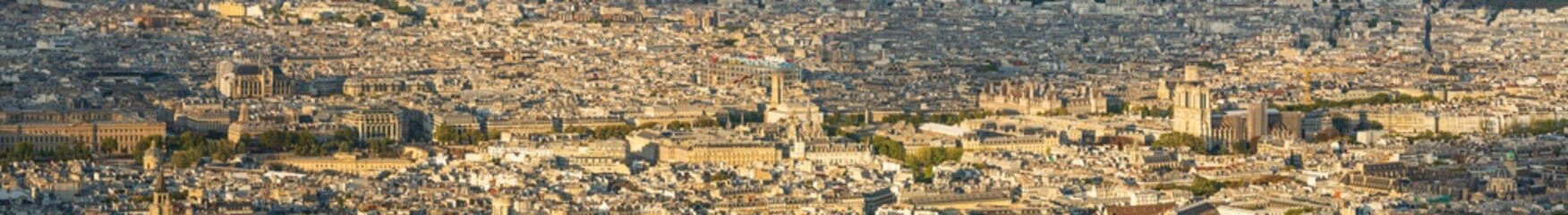 Fototapeta na wymiar Ultra wide top panorama of Paris architecture overlooking Notre Dame 