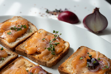 delicious slices of toasted bread with tasty slices of salmon and radish sprouts on them, white plate on a white table in blurred onions in the background, sunny kitchen on a summer day