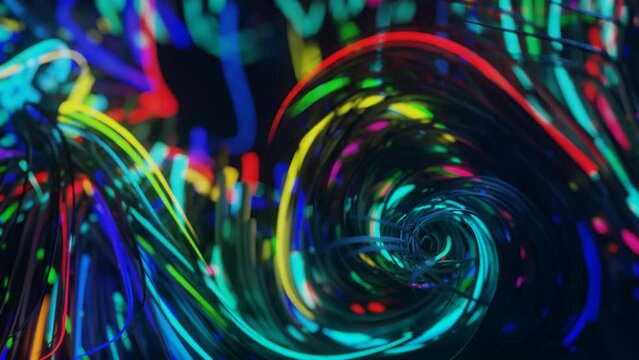 Live multicolored curls underwater like fur, threads or hair light up. 4k seamless looped abstract bg. Mysterious bg with live curved lines, close-up. Mist and DOF bokeh effects. Volumetric lights.