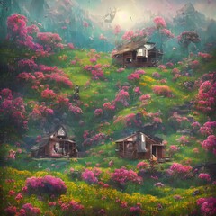 Fototapeta na wymiar Fairy village colorfullmeadows, hills and homes